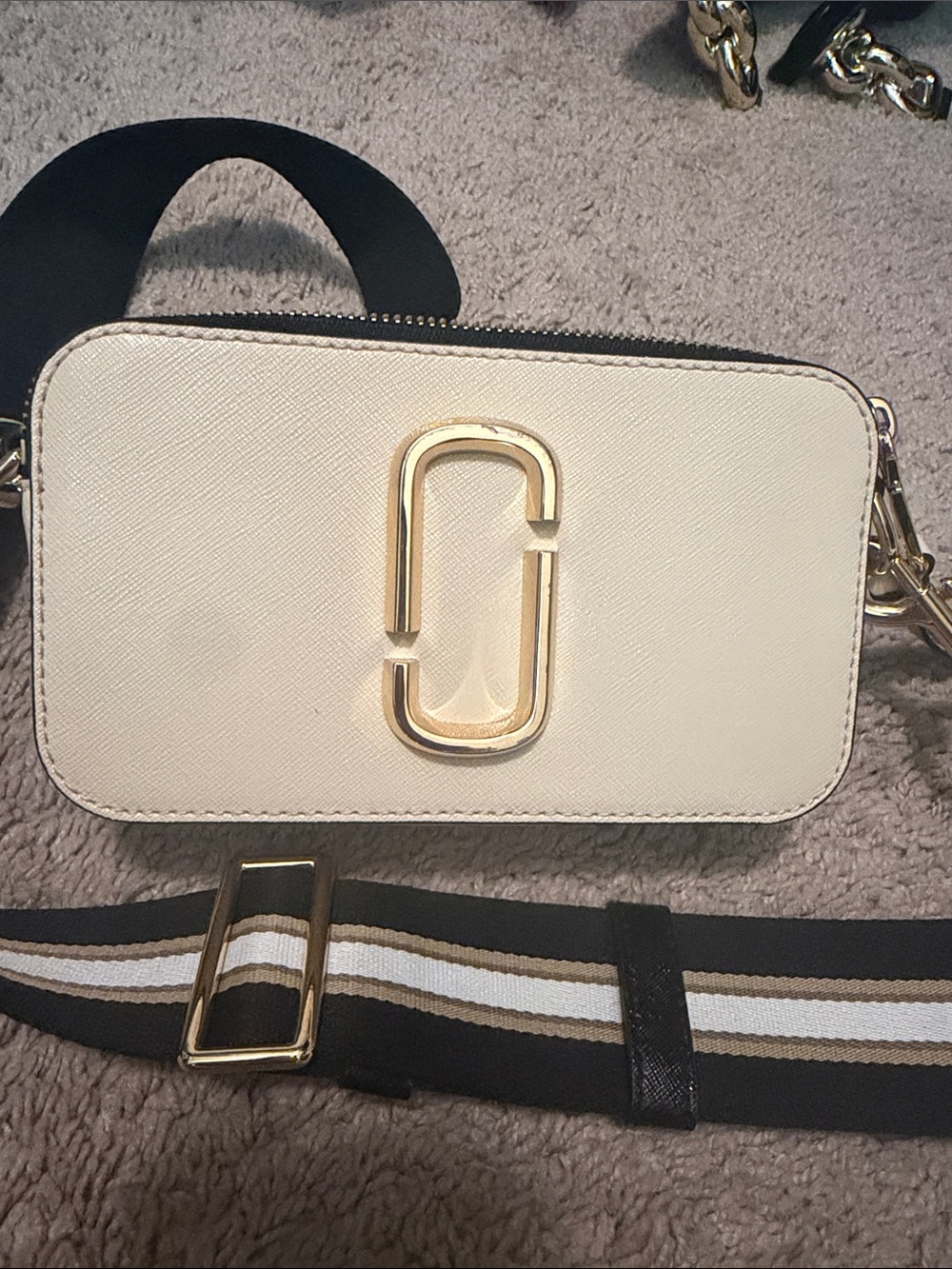 Marc Jacobs Cream Camera Crossbody with Gold Hardware and Striped Strap